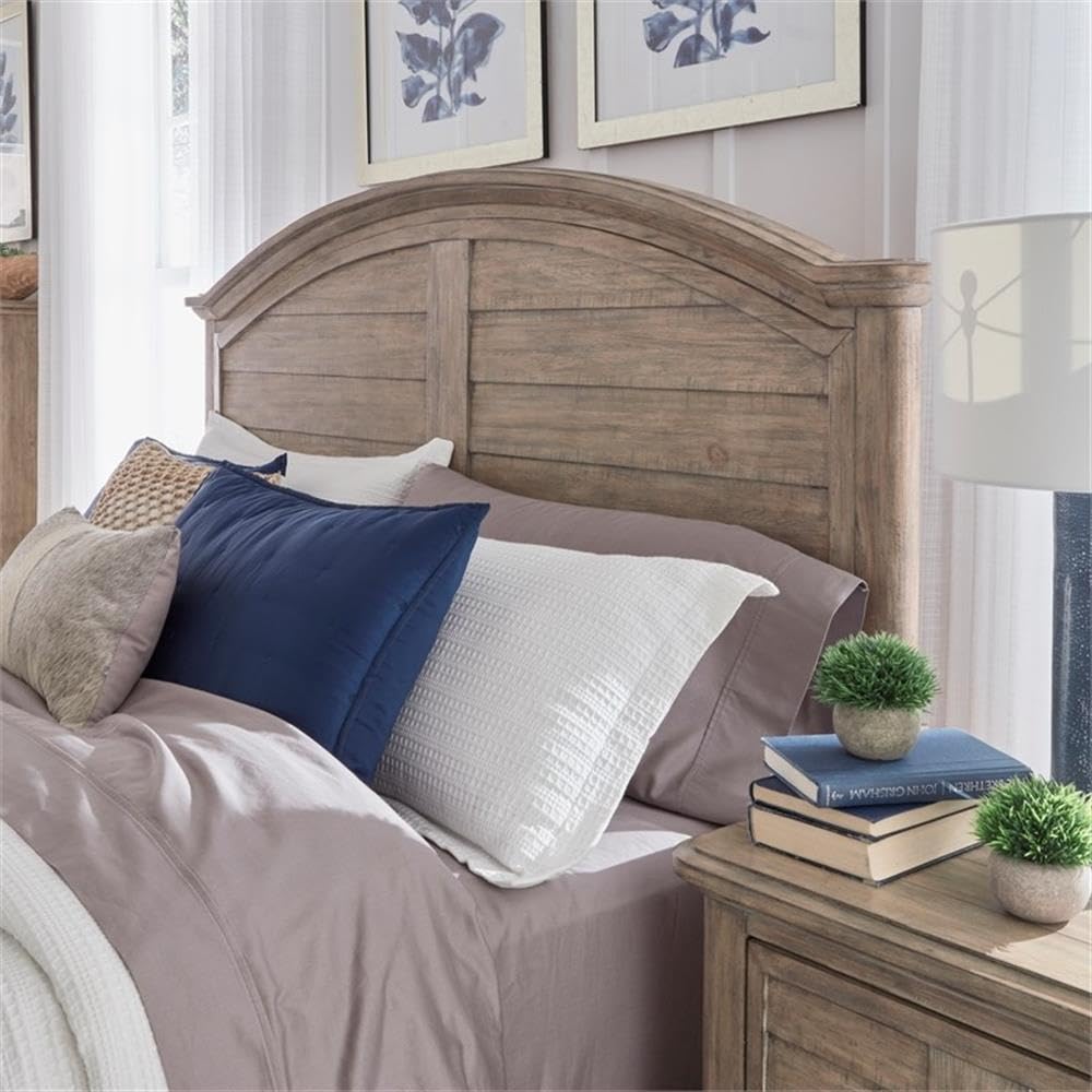 American Woodcrafters Meadowbrook Beige Antique Sand Wood King Arched Farmhouse Panel Headboard