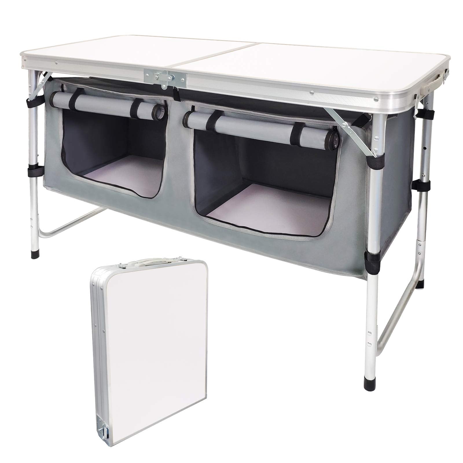 Campland Outdoor Folding Campingtable With Aluminum Lightweight Height Adjustable With Storage Organizer Picnic Table For Bbq, Party, Camping (White)