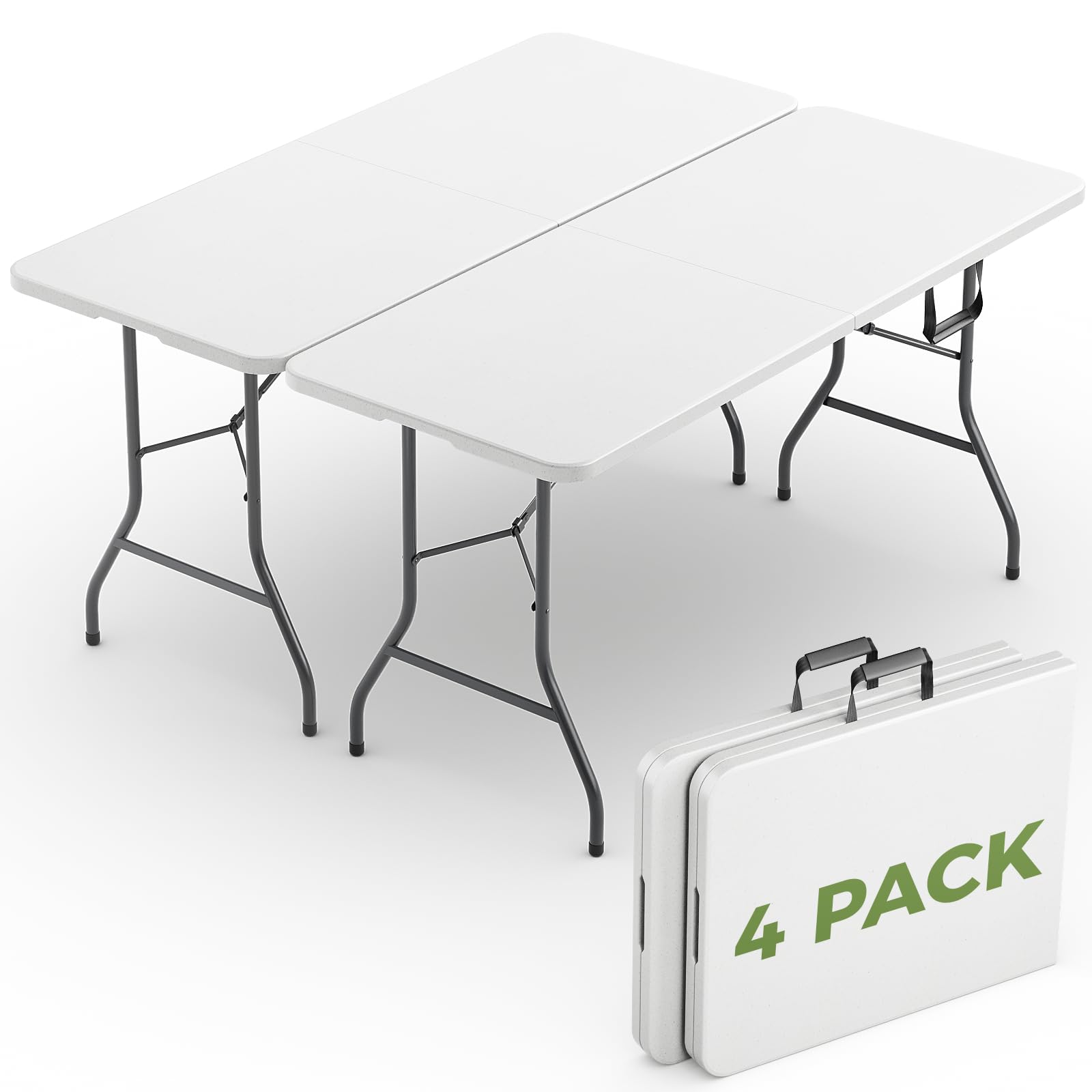 MAKE CHANGES Folding Table 4 Pack, 6 FT Foldable Plastic Table with Carrying Handle, Heavy Duty Portable Fold-in-Half Utility Ta