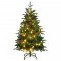 vidaXL Outdoor-Compatible Artificial Hinged Christmas Tree - 59.1"" High with 150 LED Lights, PE/PVC Tips, Metal Stand, Cones, Red Berries - Green, 3210448