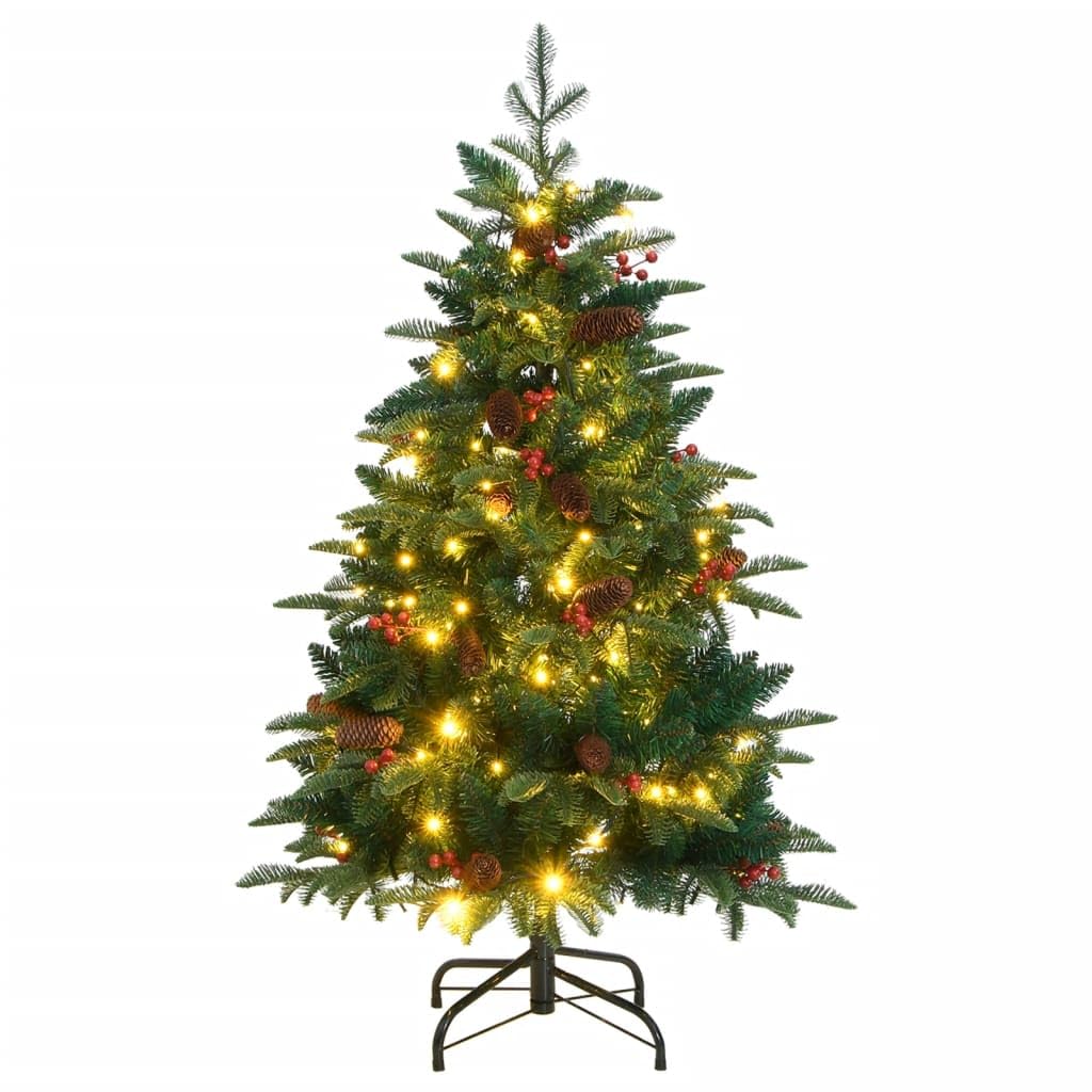 vidaXL Outdoor-Compatible Artificial Hinged Christmas Tree - 59.1"" High with 150 LED Lights, PE/PVC Tips, Metal Stand, Cones, Red Berries - Green, 3210448