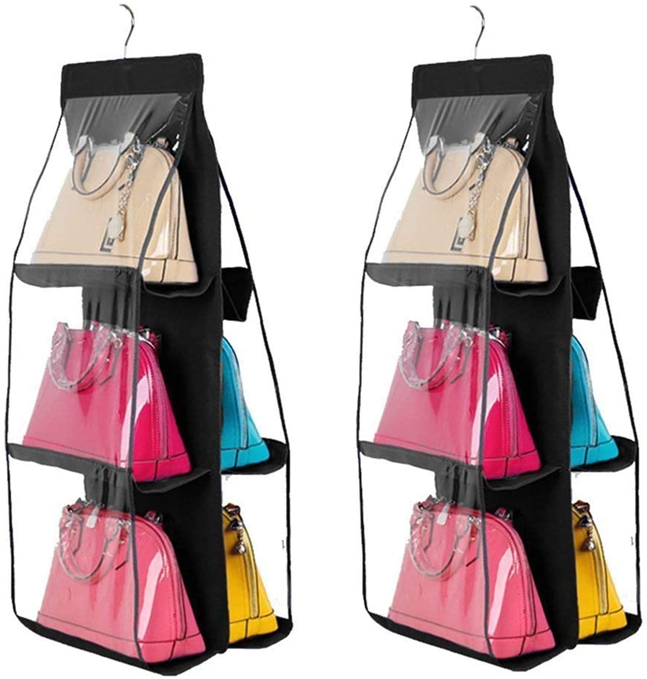 Honexa Hanging Handbag Organizer DustProof Storage Holder Bag Wardrobe Closet For Purse Clutch With 6 Larger Pockets Black (Pac