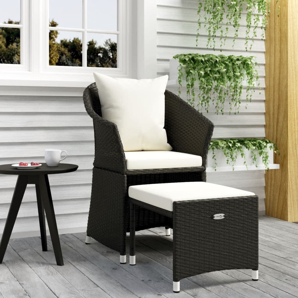 vidaXL Black Patio Lounge Set with Cushions - Durable Poly Rattan Chair and Stool Set - Weather Resistant Outdoor Furniture for Garden/Terrace - Easy Assembly
