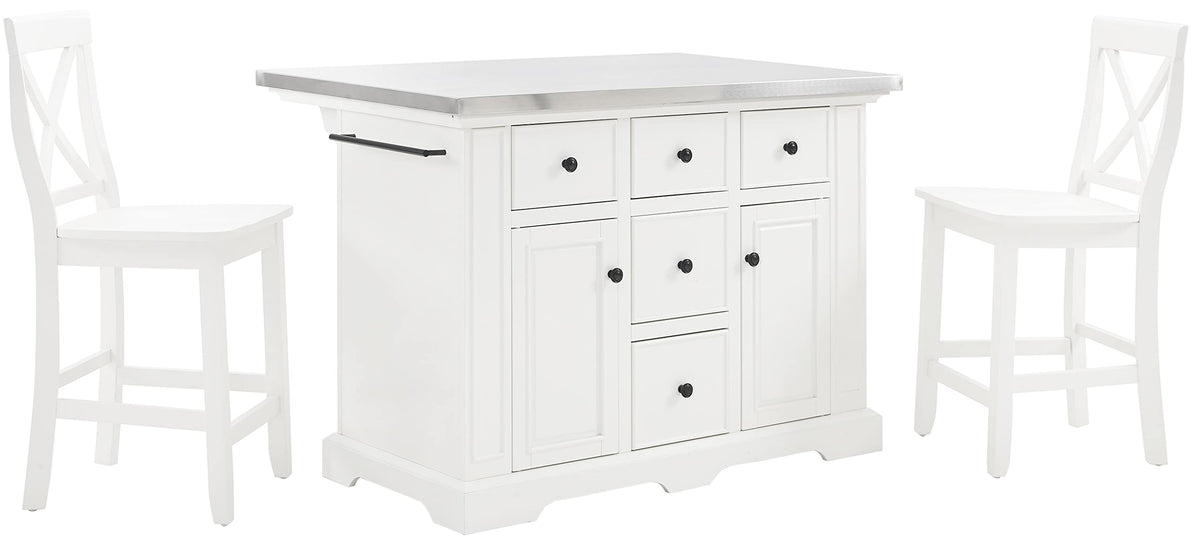 Crosley Furniture Julia Stainless Steel Top Island with Storage, Coffee Bar, and a Set of 2 X-Back Stools, White