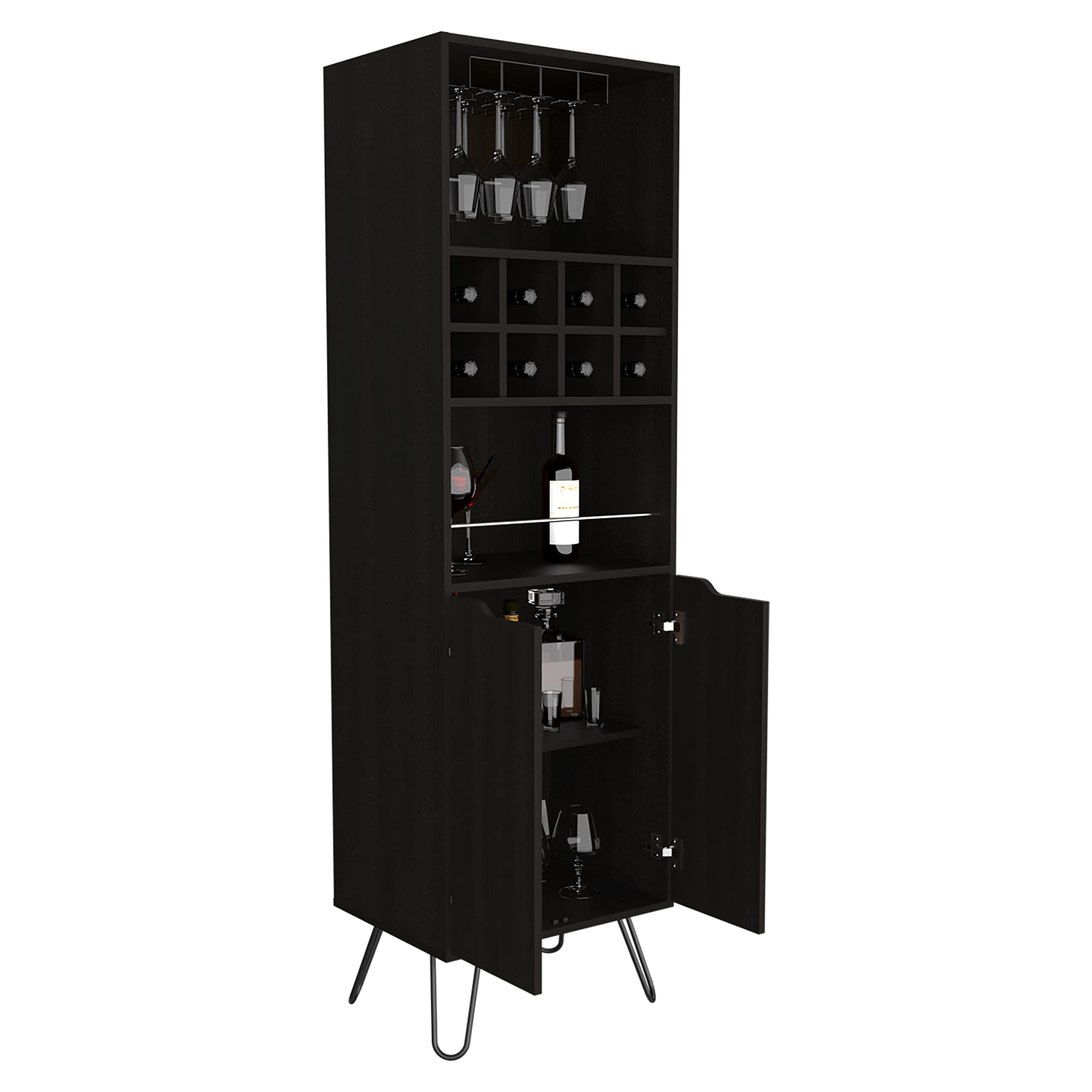 DEPOT E-SHOP Zamna H Bar Double Door Cabinet, 8 Built-in Wine Rack, 4 Legs, 4 Shelves, Black