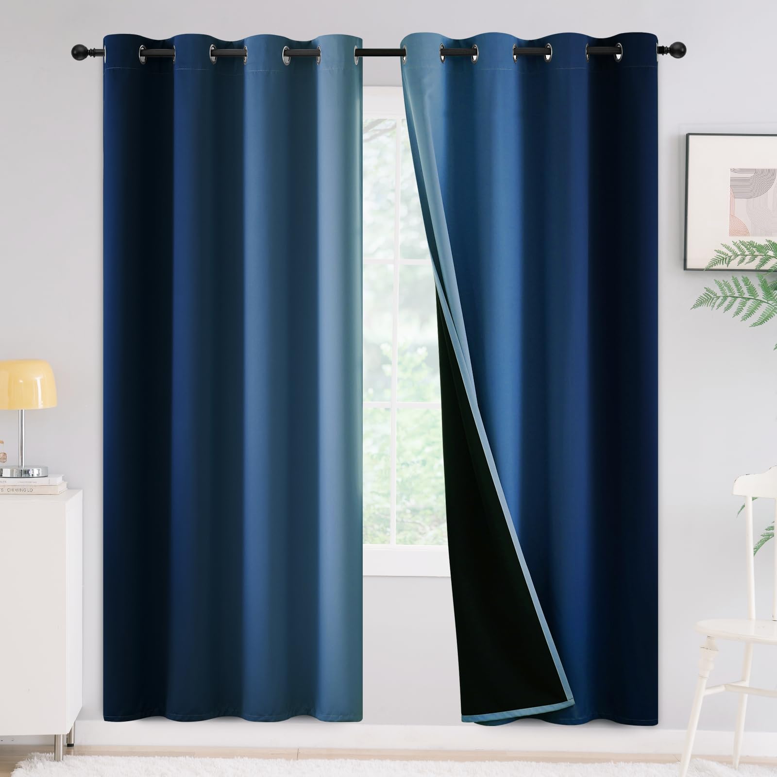 Yakamok 100% Blackout Curtains 72 inches Long,Room Darkening Blue and Greyish White Curtains Ombre for Bedroom Grommet Thermal I