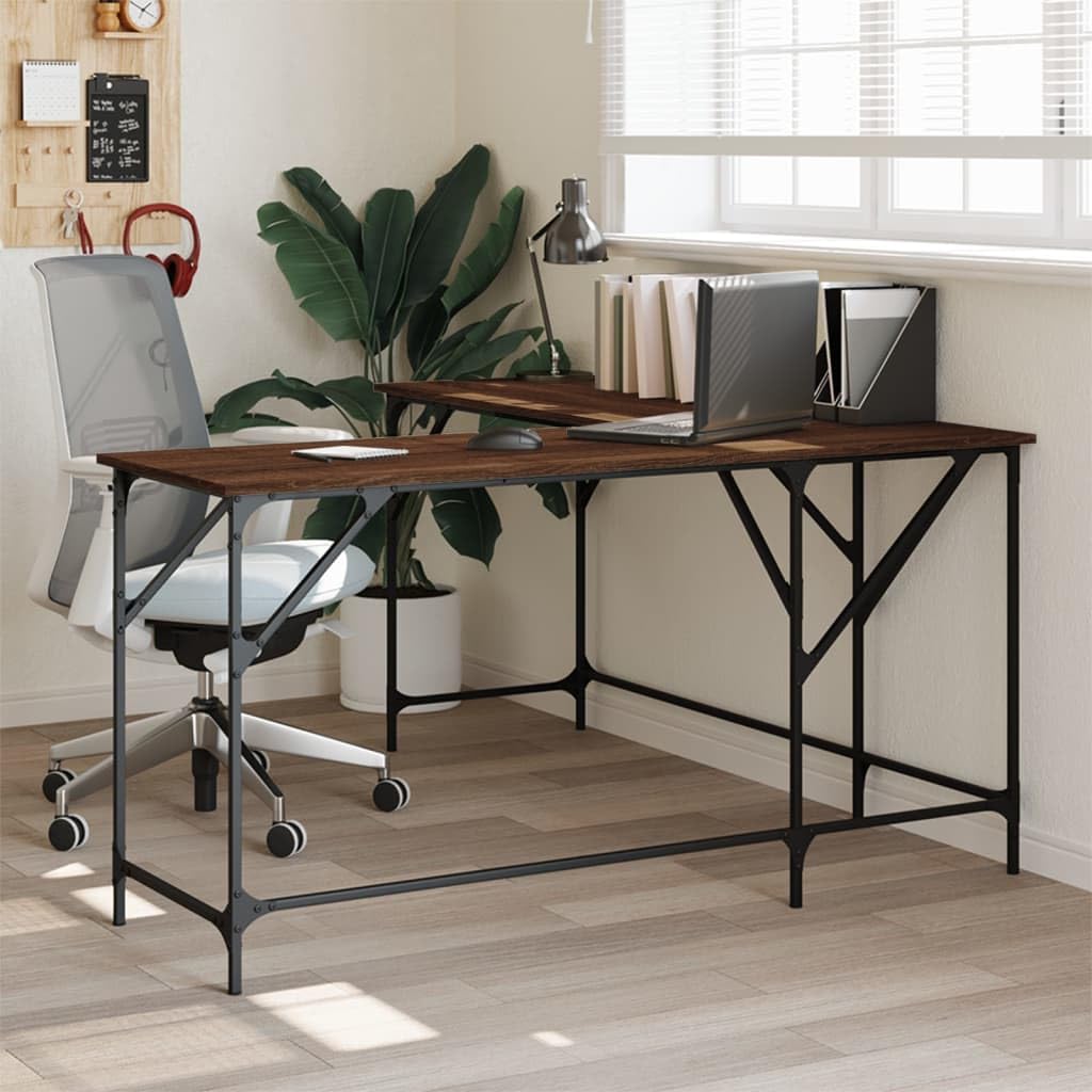 vidaXL Brown Oak Engineered Wood Desk - L-Shaped, Spacious Tabletop, Adjustable Feet, Industrial-Style Metal Frame - Office/Home Use
