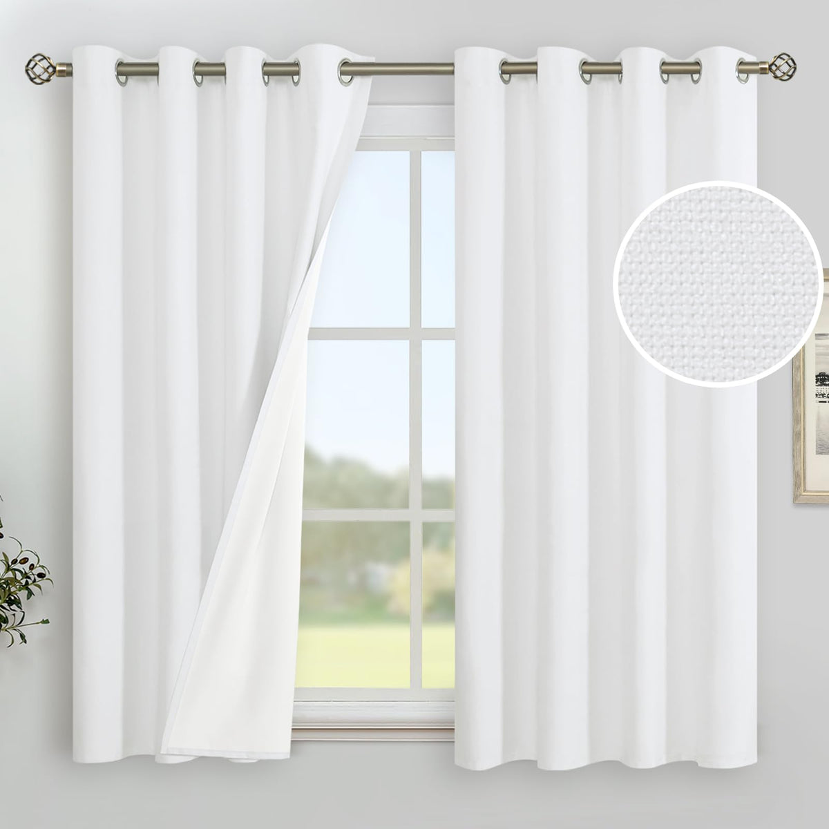 Youngstex White Linen Blackout Curtains 54 Inch Length For Bedroom, Grommet Thermal Insulated Faux Linen Full Room Darkening Dra