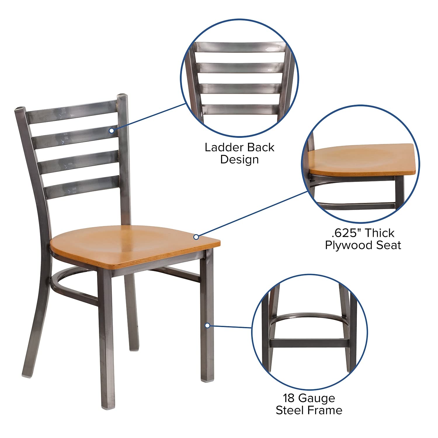 Flash Furniture Hercules Series Clear Coated Ladder Back Metal Restaurant Chair - Natural Wood Seat