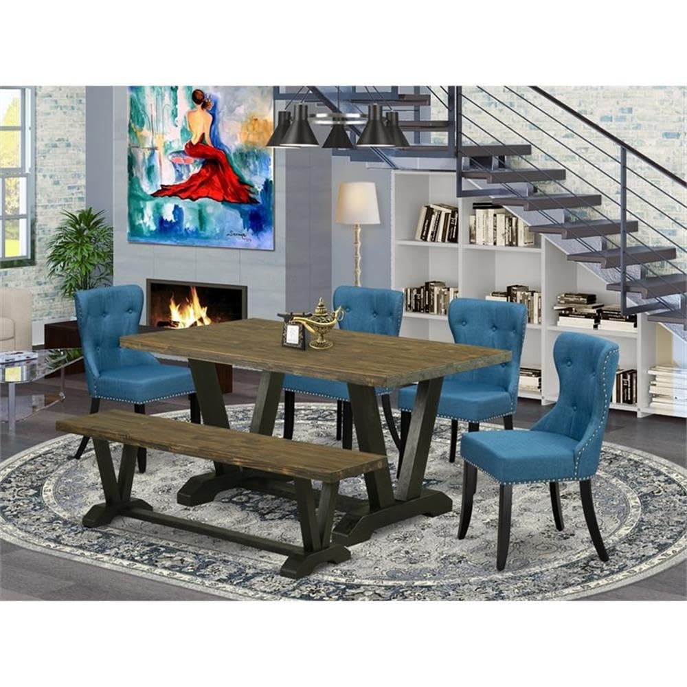 East West Furniture V676Si121-6 6 Piece Dining Set Contains A Rectangle Dining Room Table With V-Legs And 4 Blue Linen Fabric Upholstered Chairs With A Bench, 36X60 Inch, Multi-Color