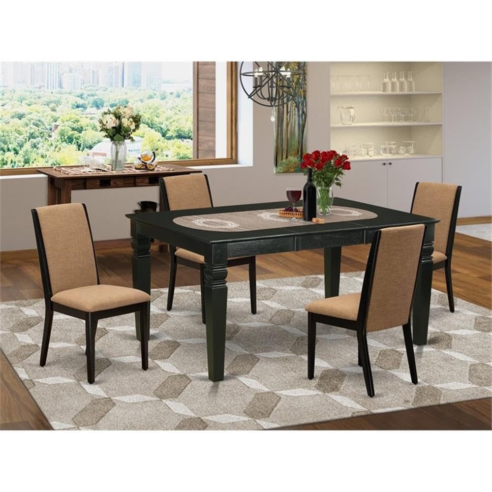 East West Furniture WELA5-BLK-47 5 Piece Dining Set Includes a Rectangle Dining Room Table with Butterfly Leaf and 4 Light Sable Linen Fabric Upholstered Chairs, 42x60 Inch, Black