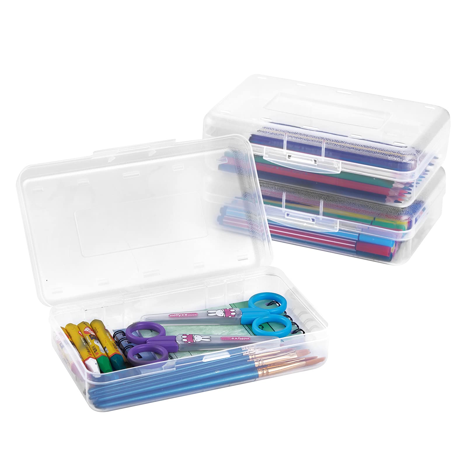 Sooez 3 Pack Large Capacity Hard Pencil Case, Plastic Crayon Pencil Boxes Bulk With Snap-Tight Lid, Clear Storage Box Craft Pen