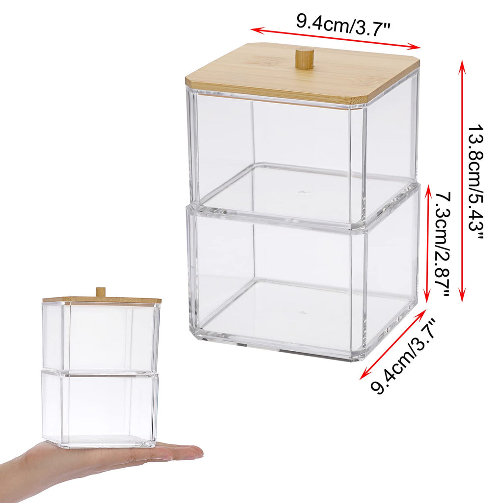 Hipiwe Clear Q-Tip Dispenser Holder Acrylic Bathroom Containers 2-Tier Square Apothecary Jar With Lid Canister Cotton Swab And B