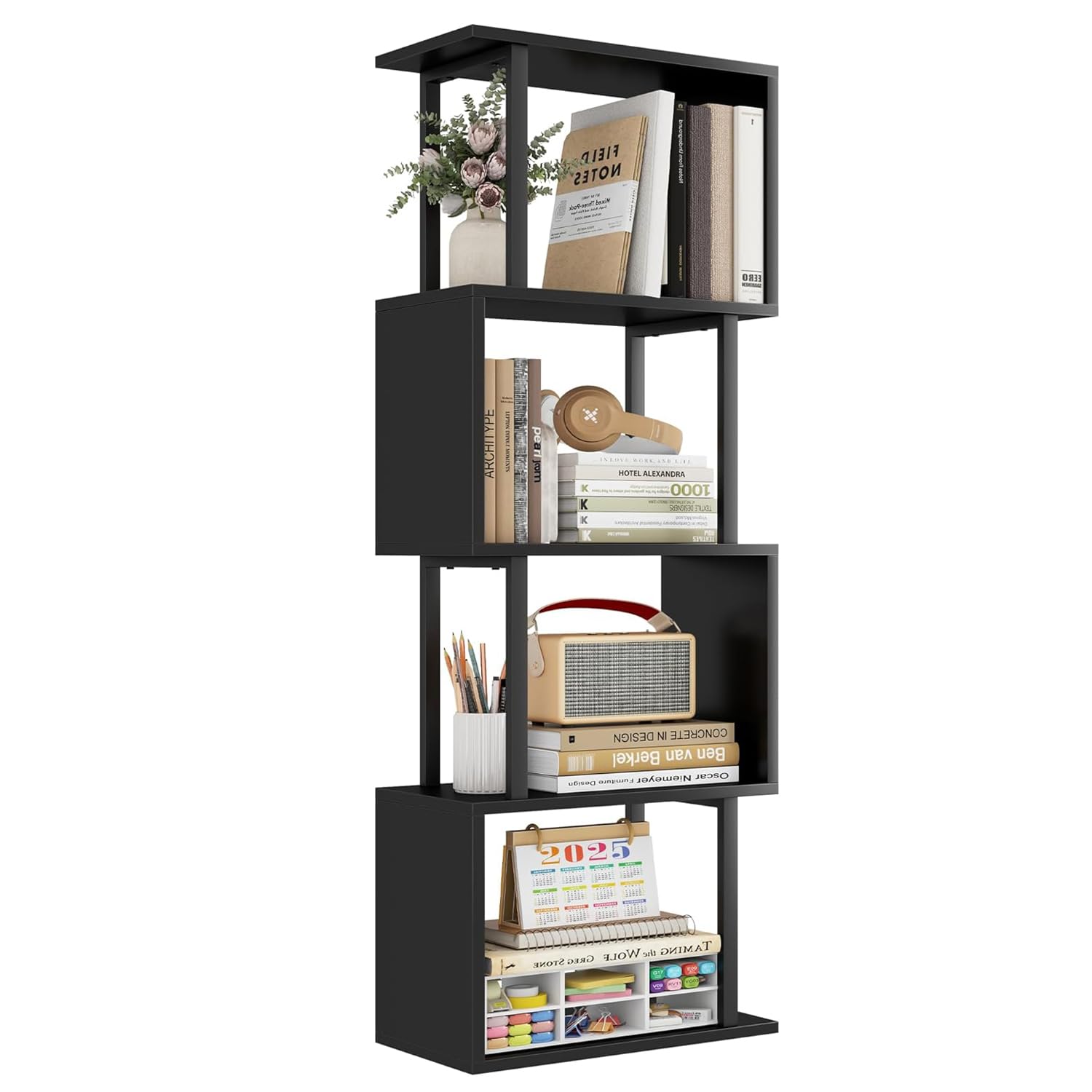 Gadroad 4-Tier Bookshelf, Narrow S-Shaped Geometric Bookcase, Wood Decorative Storage Shelving, Modern Freestanding Display Shel