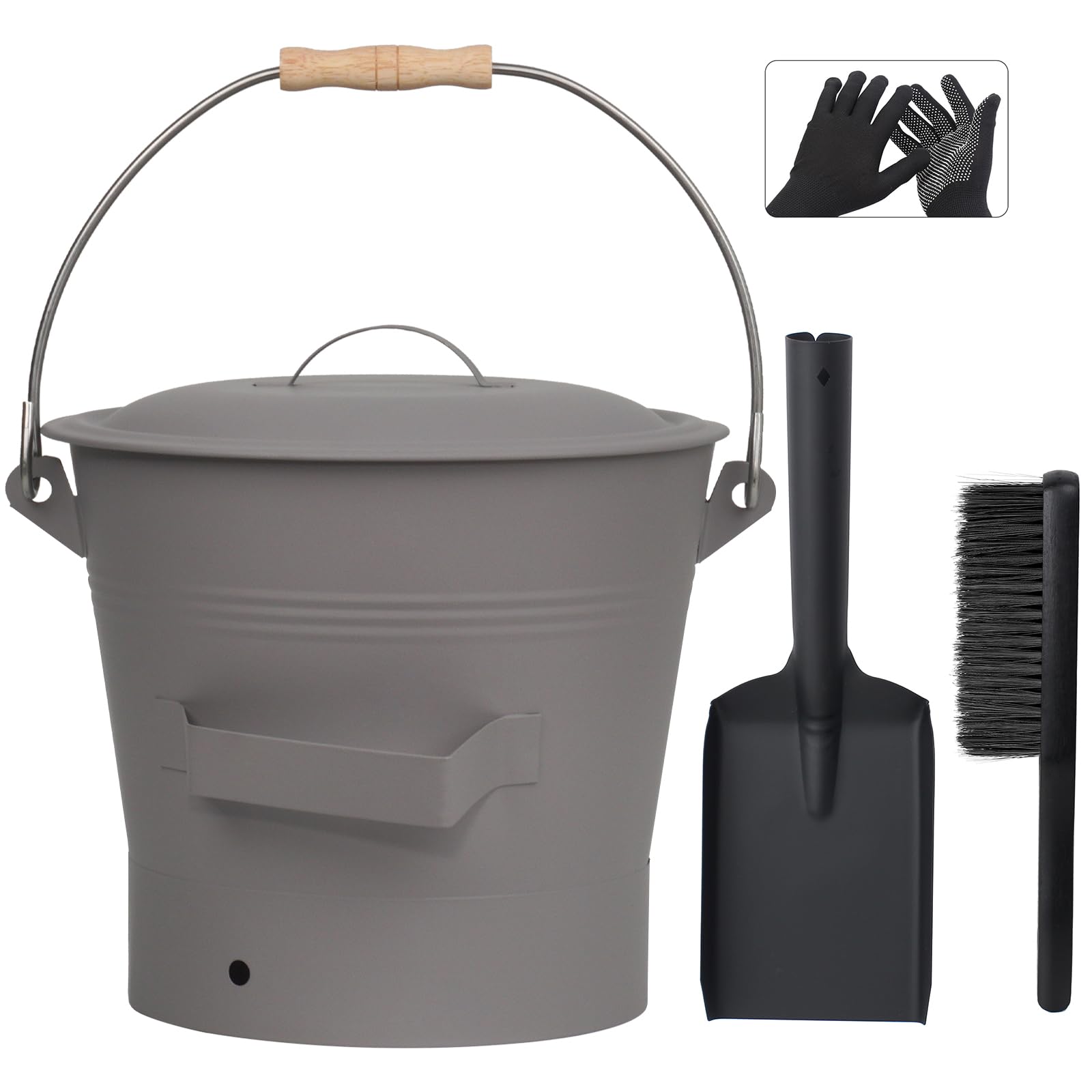 BRIAN & DANY Ash Bucket with Lid, 2.6 Gallon Fireplace Ash Bucket with Shovel and Hand Broom, Metal Bucket for Fireplace, Fire P