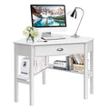 Tangkula White Corner Desk With Drawer, Storage Shelves For Computer, Makeup Vanity Desk For Small Space, 90 Degrees Triangle Desk