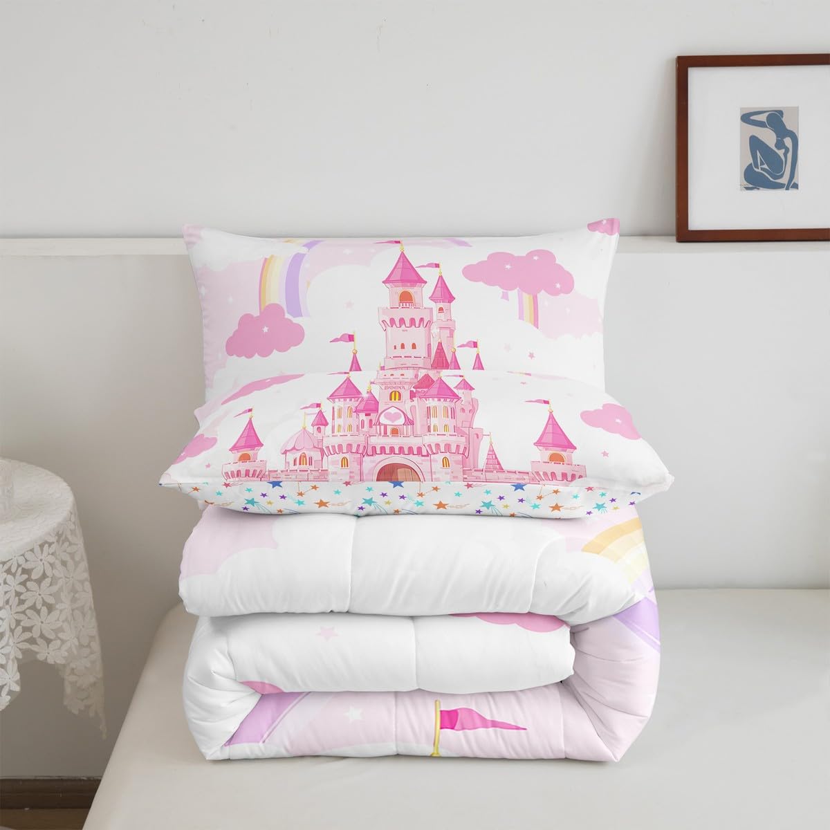 Feelyou Kids Queen Pink Castle Comforter Set Boys Girls Rainbow Castle Bedding Set Girls Princess Comforter Fairy Tales Duvet Se