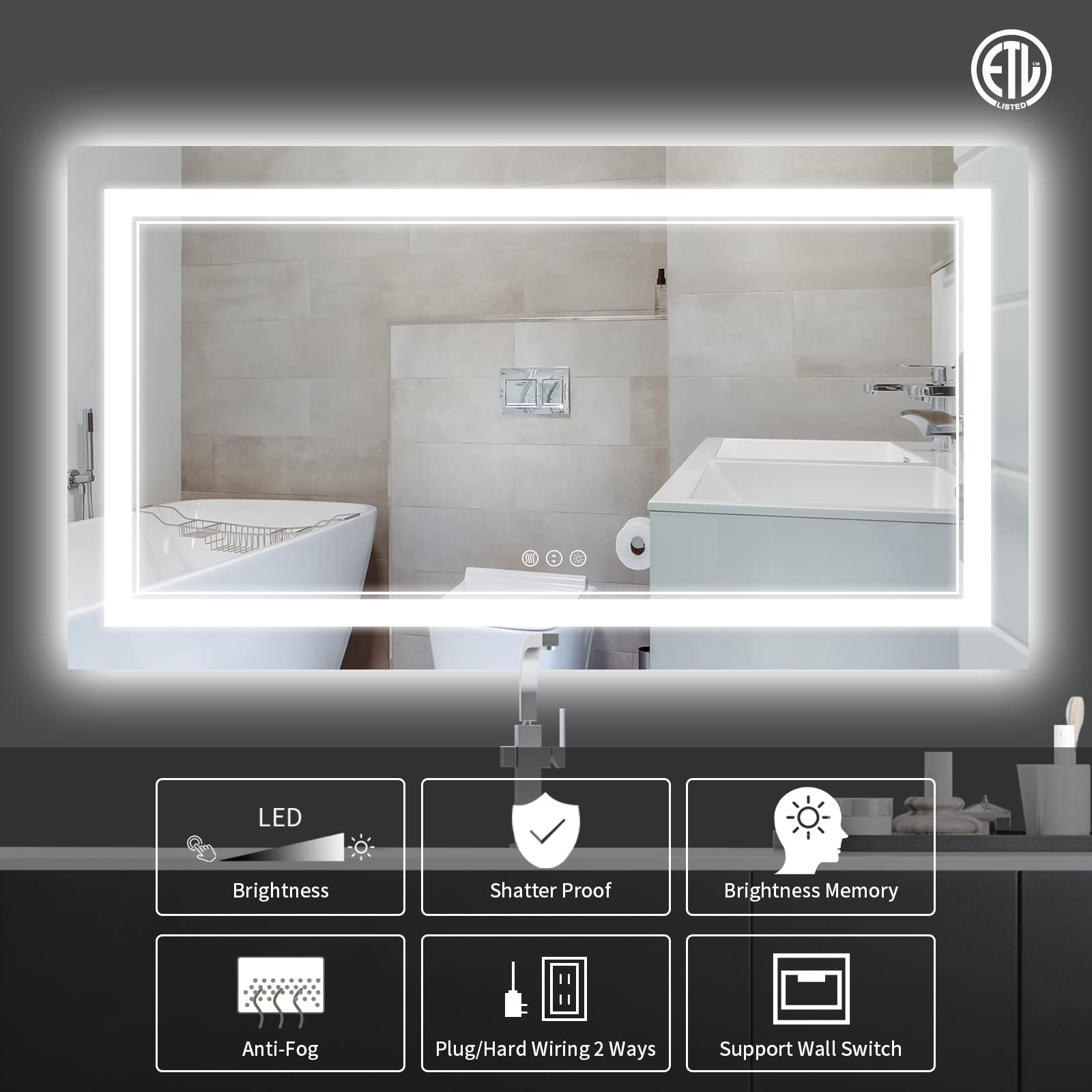 Istripmf 60X28 Inch Led Bathroom Mirror With Lights, Backlit And Front Lighted Bathroom Vanity Mirrors For Wall, Anti-Fog/Dimmab