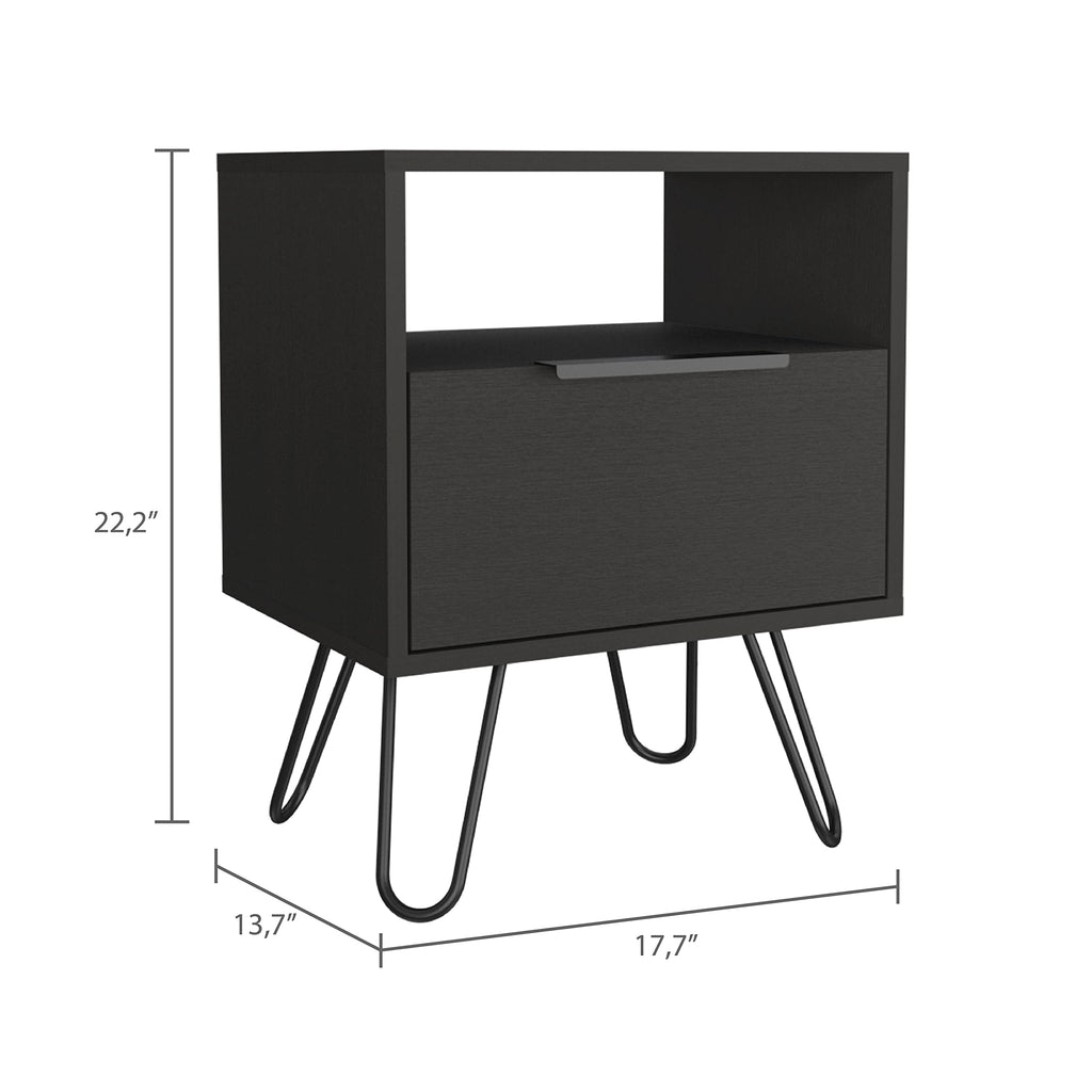 Nightstand 22&Quot; H, 1 Open Shelf, Single Door Cabient, Hairpin Legs, Black