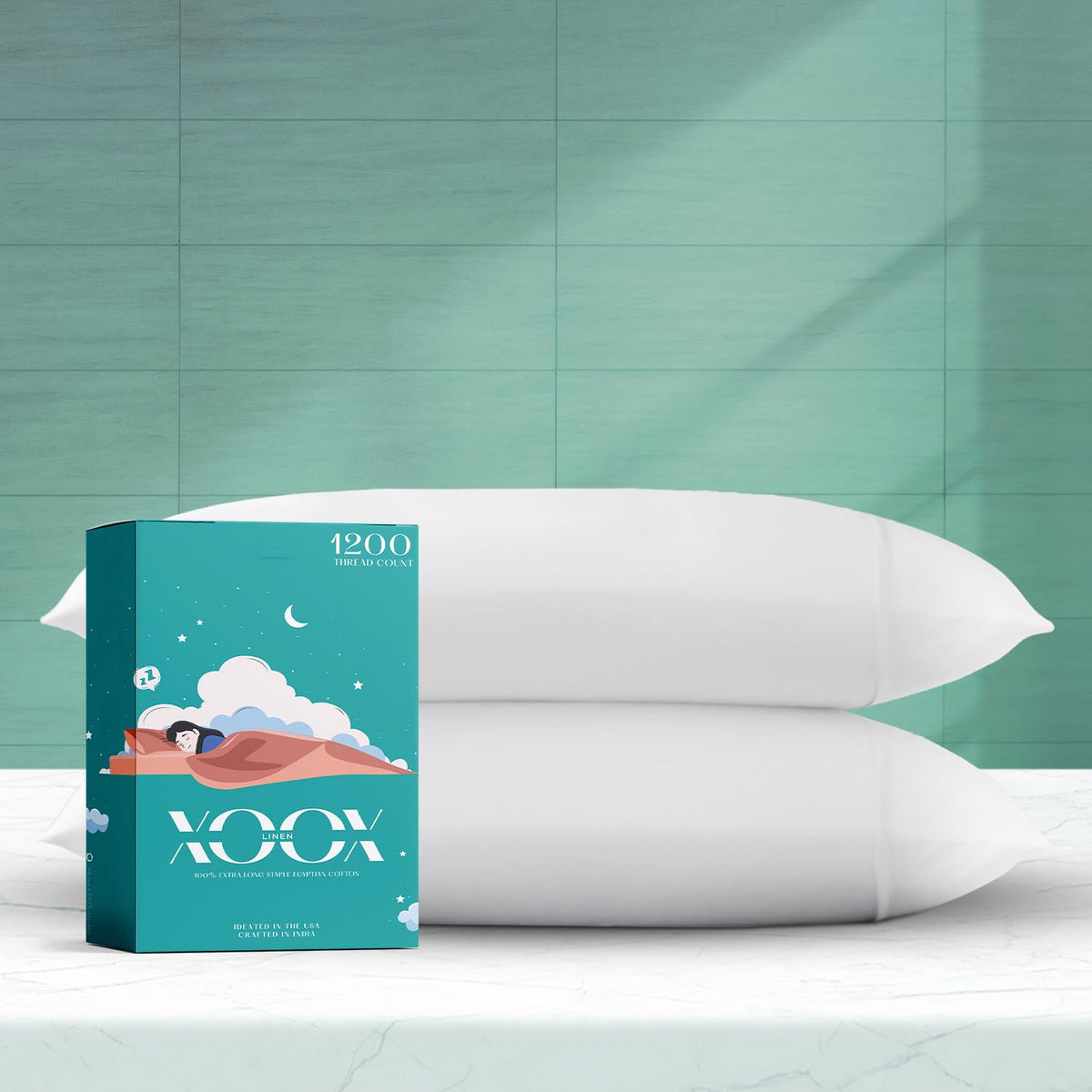 Xoox Linen 100% Egyptian Cotton Pillow Cases Standard/Queen Size Set Of 2 - Luxury 1200 Thread Count Sateen White Pillow Cases,