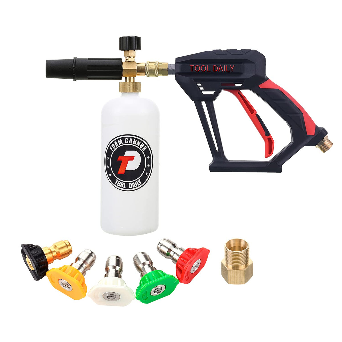 Tool Daily Short Pressure Washer Gun With Foam Cannon, 1/4 Inch Quick Connector, With 5 Pressure Washer Nozzle Tips, 1 Liter
