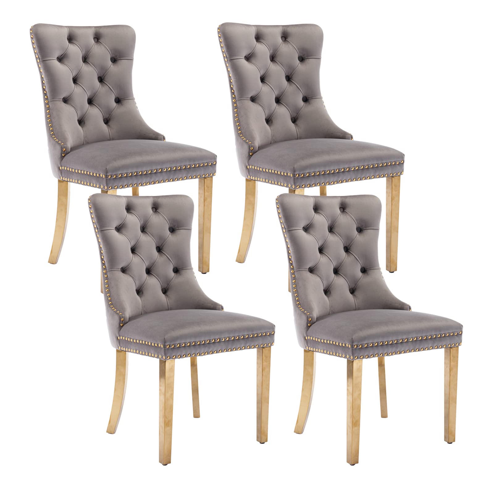 Shenyon Gray Velvet Dining Chairs Set Of 4, Upholstered Dining Room Chairs With Back Ring Pull Trim And Golden Stainless Steel L