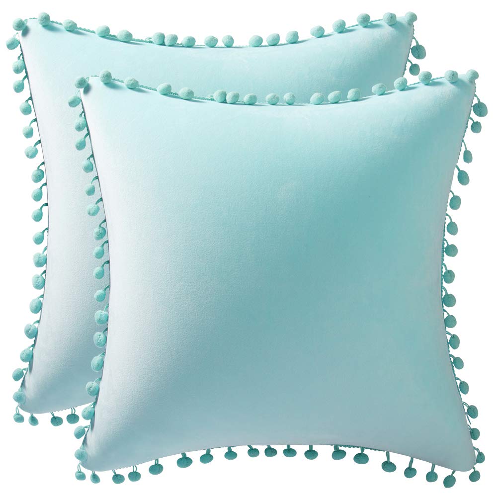 Dezene Throw Pillow Cases 22X22 Light-Blue: 2 Pack Cozy Soft Pom-Poms Velvet Square Decorative Pillow Covers For Farmhouse Home