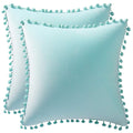 Dezene Throw Pillow Cases 22X22 Light-Blue: 2 Pack Cozy Soft Pom-Poms Velvet Square Decorative Pillow Covers For Farmhouse Home