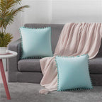 Dezene Throw Pillow Cases 24X24 Light-Blue: 2 Pack Cozy Soft Pom-Poms Velvet Square Decorative Pillow Covers For Farmhouse Home