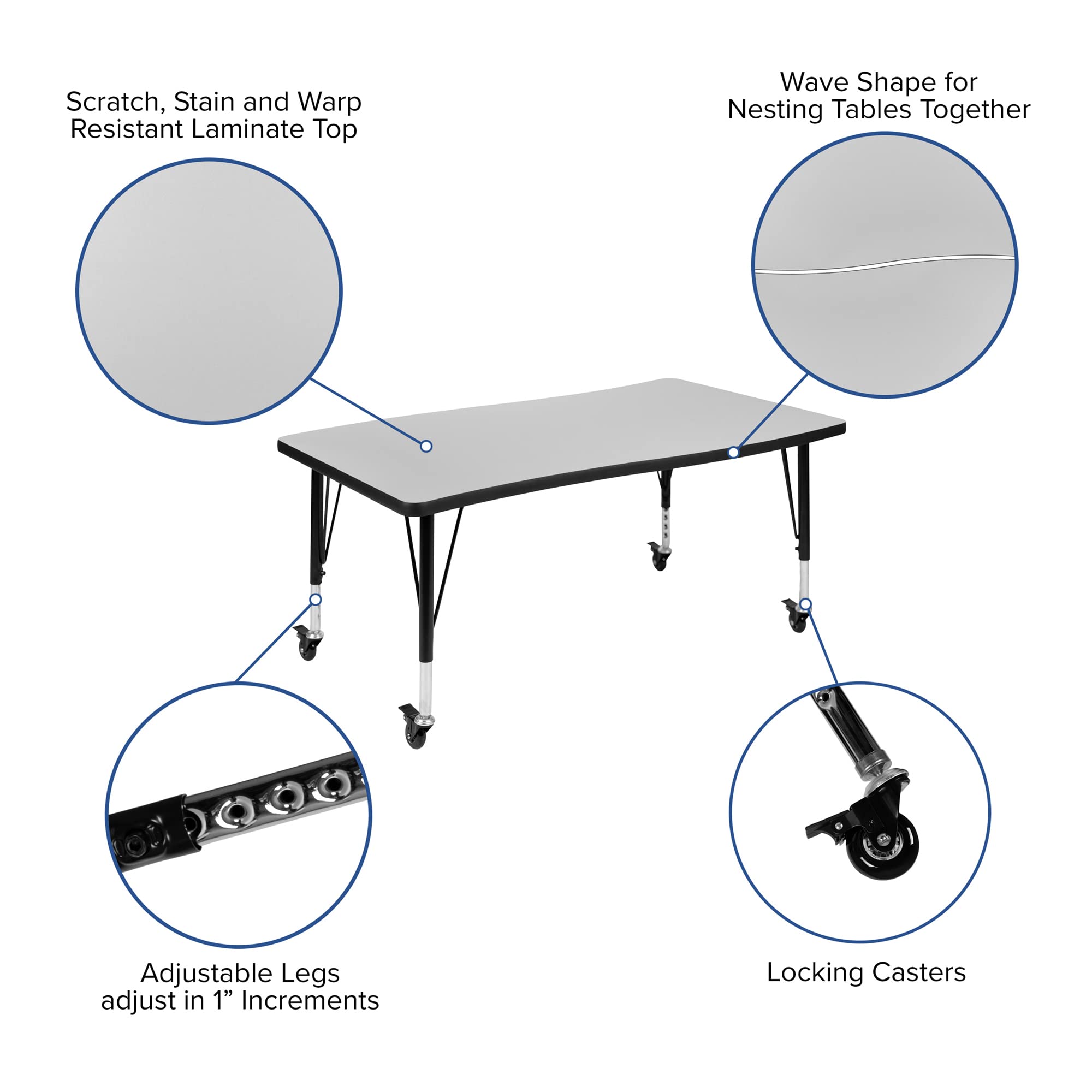 Flash Furniture 3 Piece Mobile 76' Oval Wave Collaborative Grey Thermal Laminate Activity Table Set - Height Adjustable Short Legs