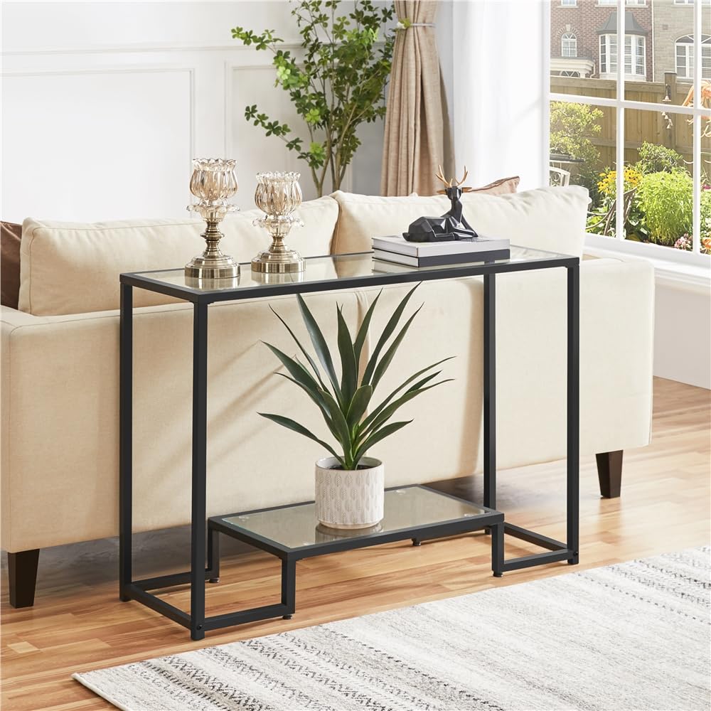 Yaheetech 42 Inch Console Table, Tempered Glass Entryway Table, 2-Tier Sofa Table With Storage Shelves, Entrance Table For Hallway Living Room, Black