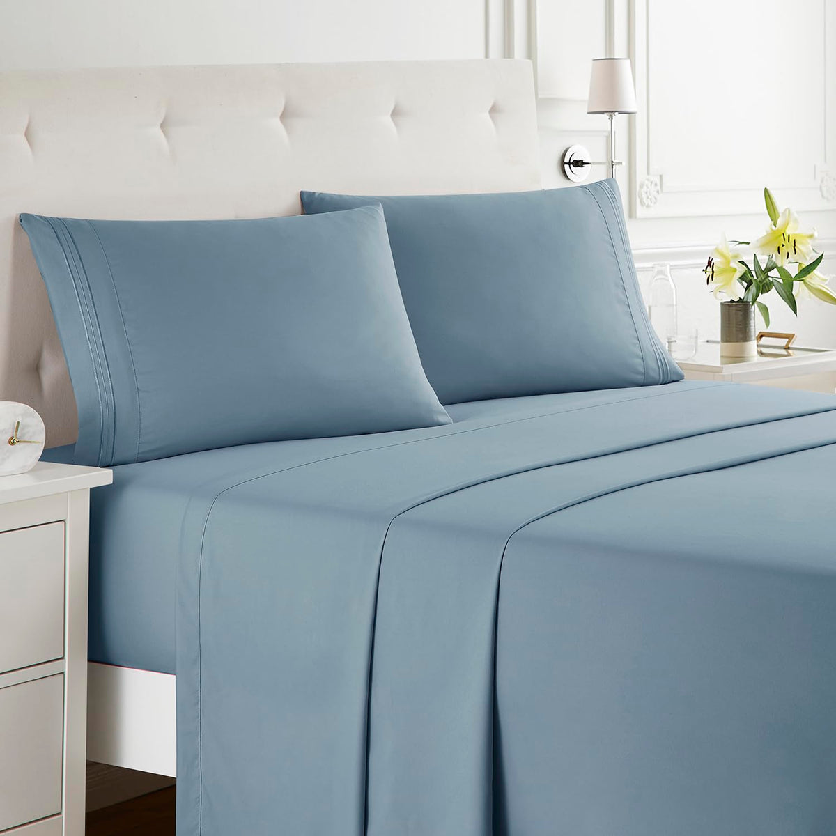Nestl Rv Sheet Set - 4 Piece Deep Pocket, Hotel Luxury, Extra Soft, Breathable & Cooling, Stone Blue Short Queen Size Sheets