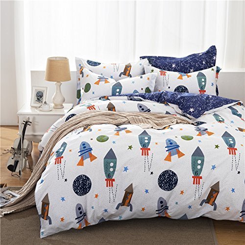 Brandream Twin Size Kids Bedding Set 100% Cotton Boys Space Galaxy Bedding Set 3-Piece Duvet Cover Set (Duvet Cover + Flat Sheet