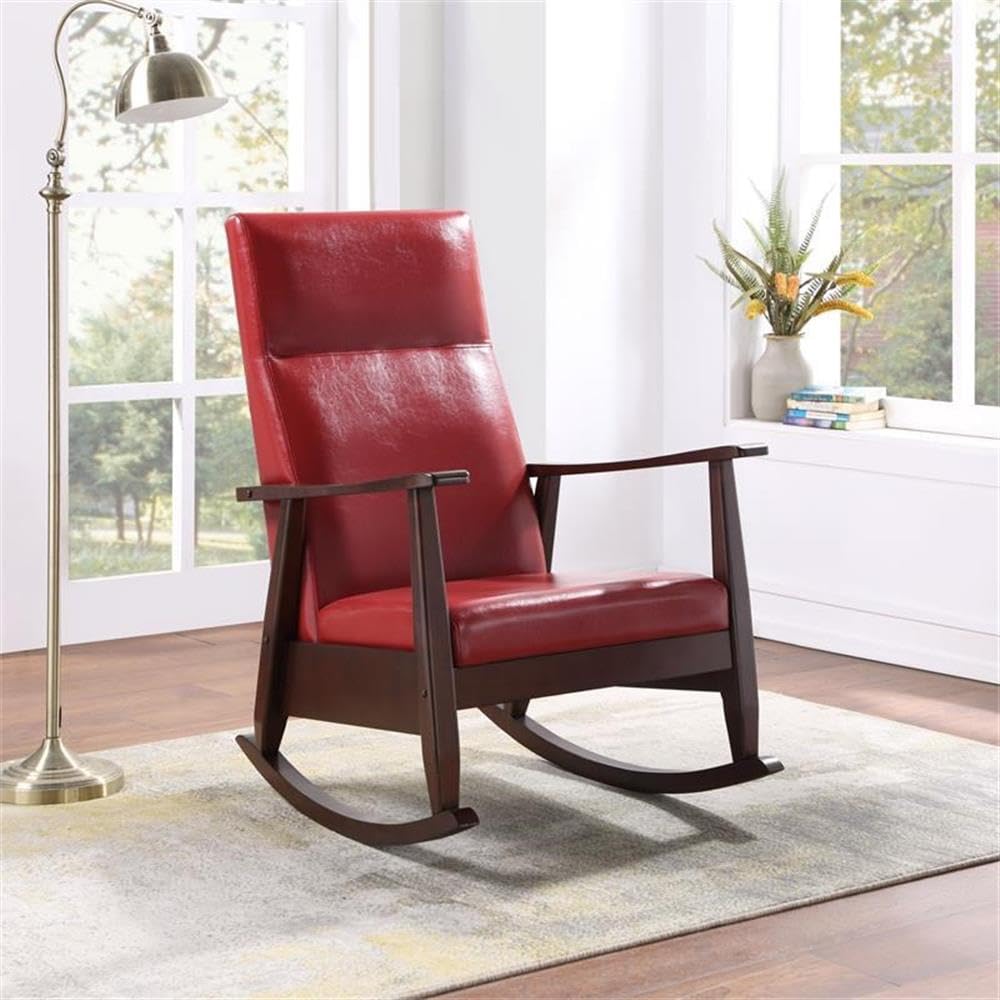 Acme Raina Faux Leather Upholstered Rocking Chair in Red and Espresso