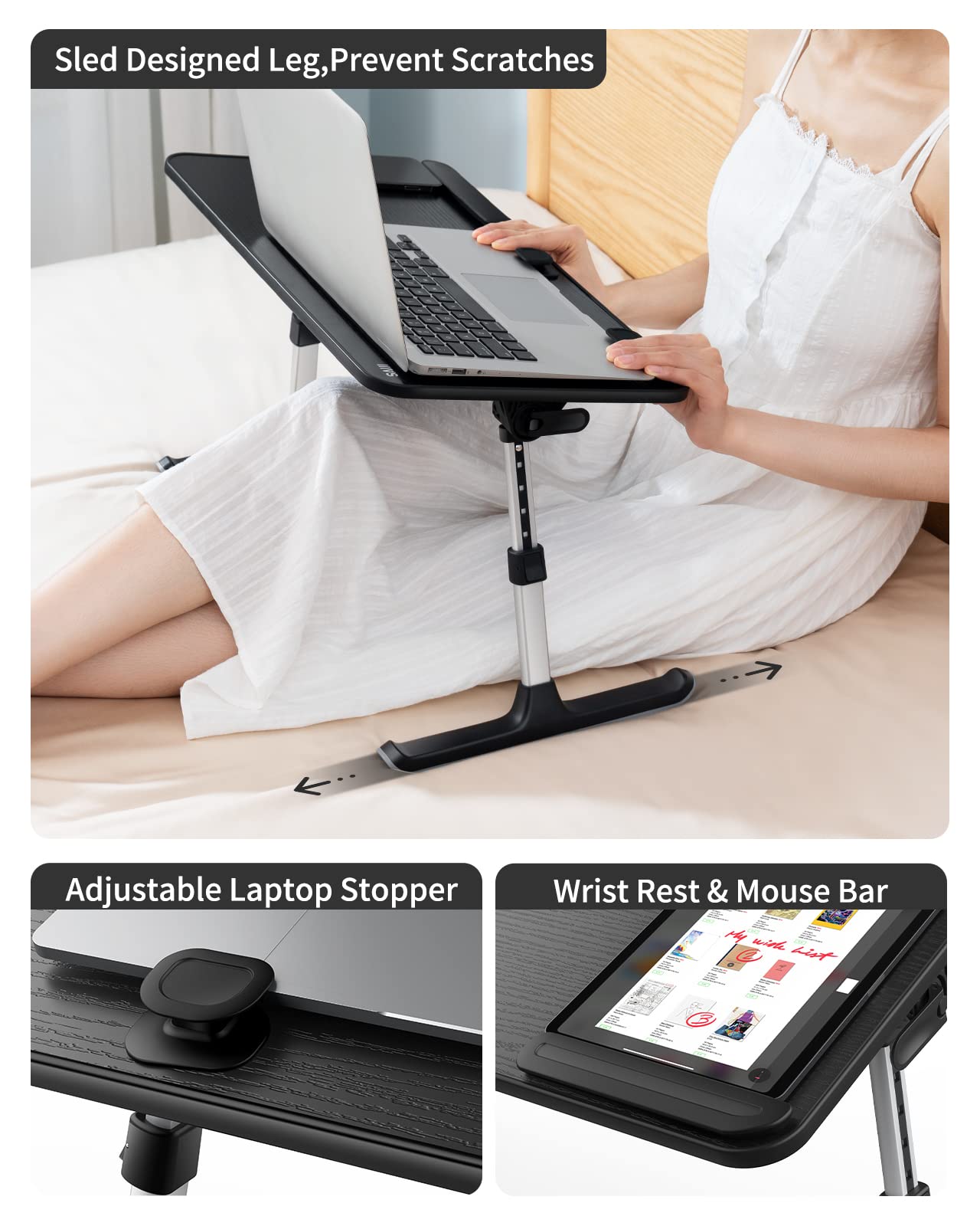 Laptop Desk For Bed, Saiji Height & Angle Adjustable Laptop Stand For Bed, Lap Desk Bed Tray Table, Light Weight Foldable Portab