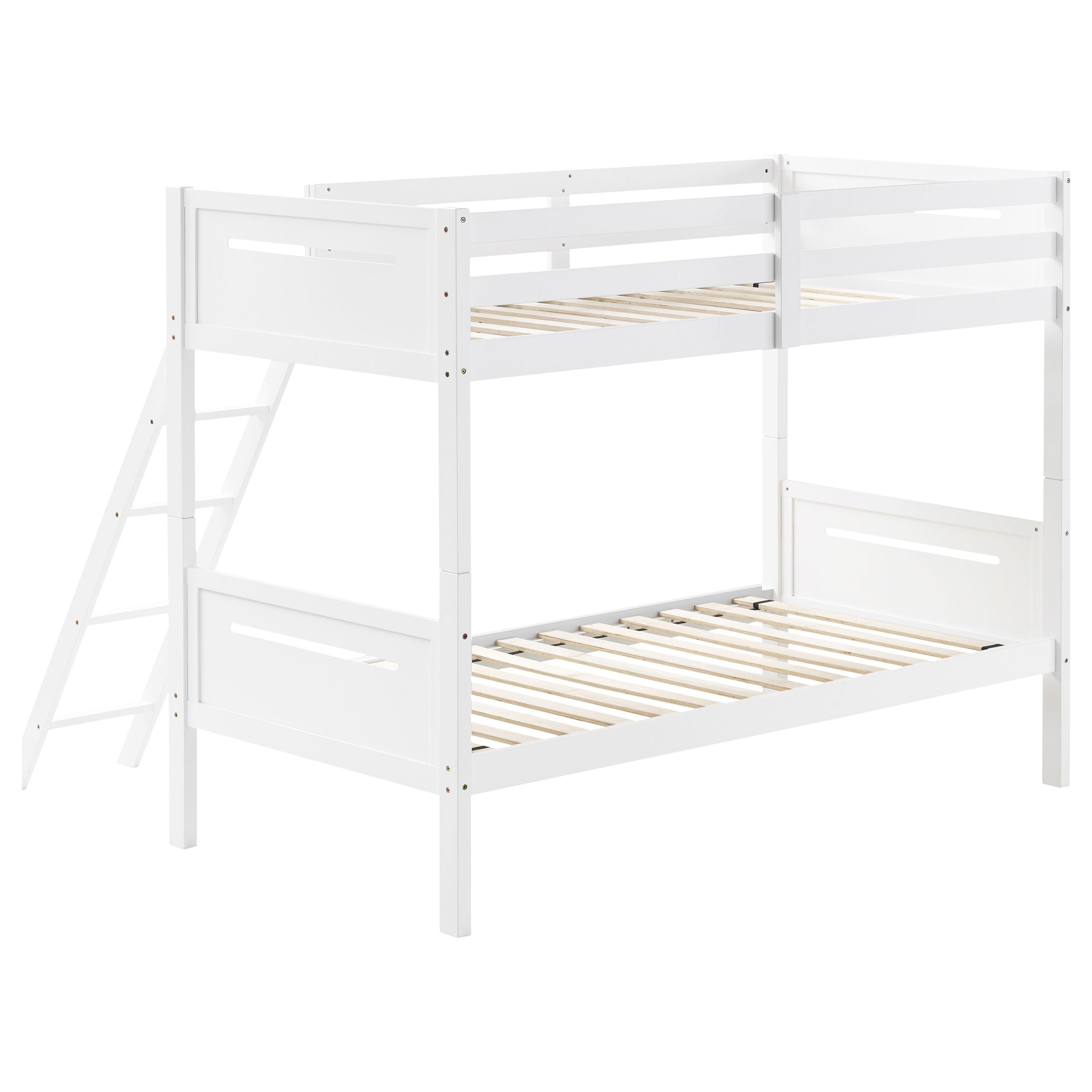 Coaster Home Furnishings Littleton Transitional Wood Twin Over Twin Size Bunk Bed Frame with Ladder and Guardrails Fully Slatted Mattress Ready Foundation White 405051WHT