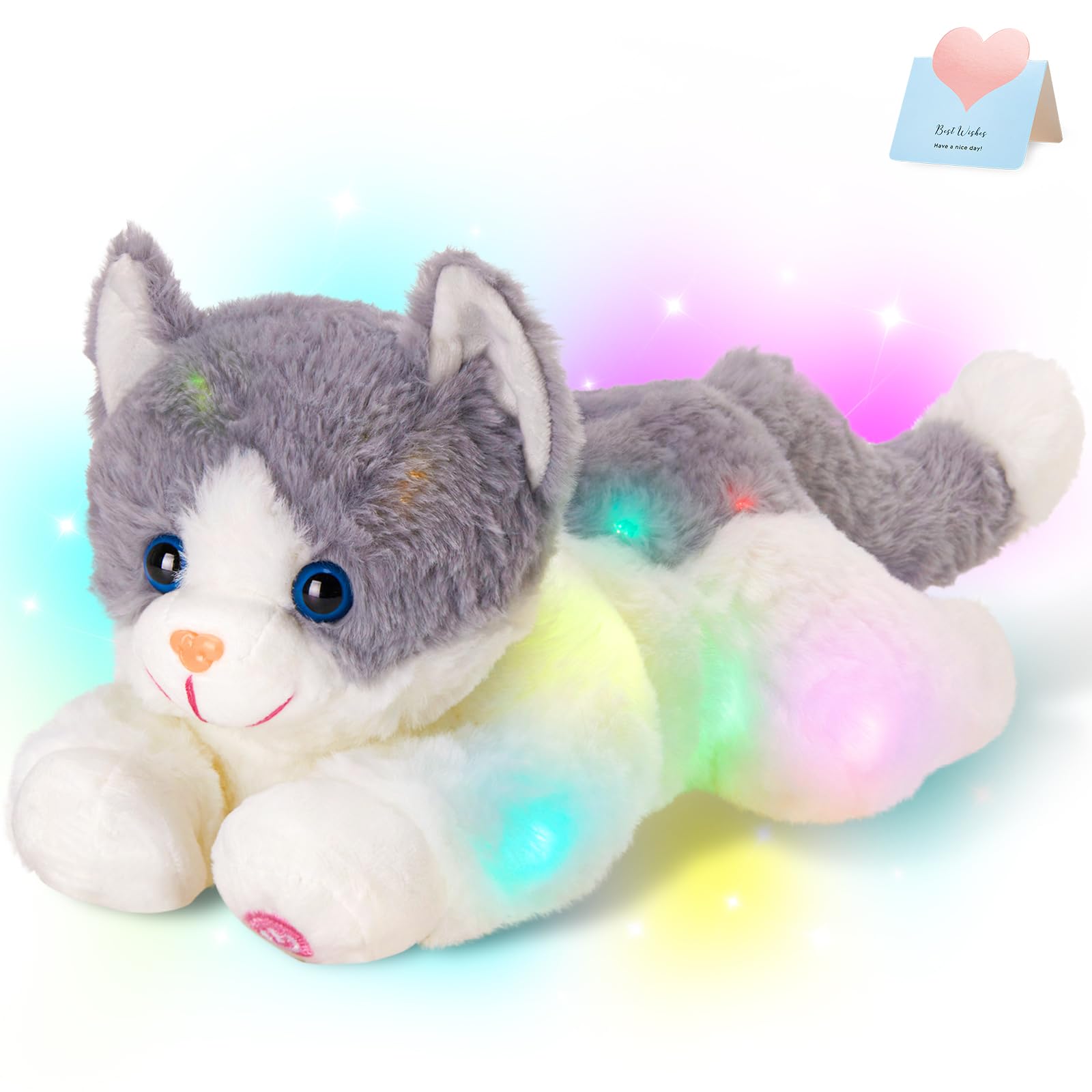 Houwsbaby 15' Gray Light Up Kitty Stuffed Animal Cat Floppy Led Plush Toy Kitten Night Lights Glow Pillow Birthday Festival Chr