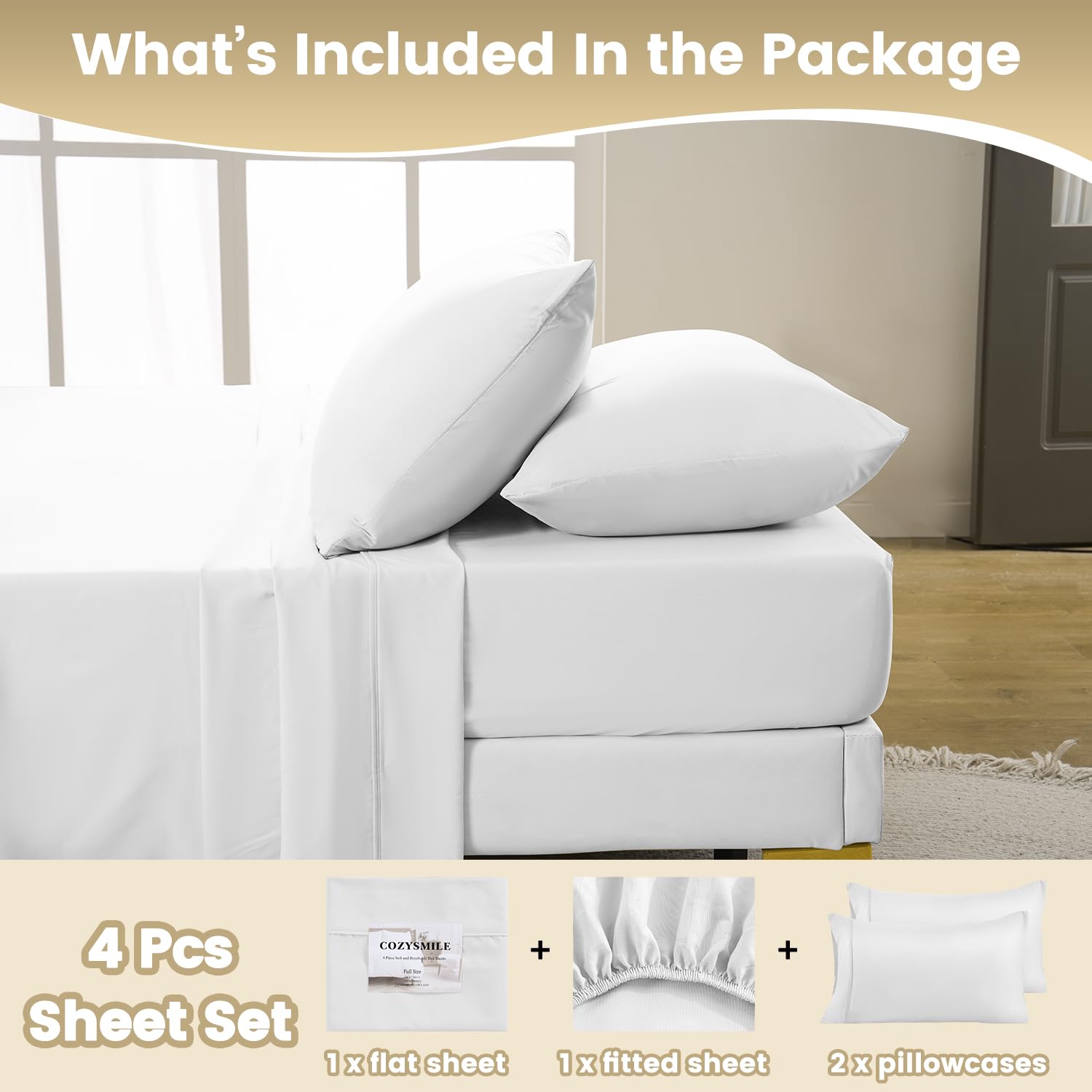 Cozysmile Full Sheet Set - 4 Piece Silky Soft Breathable Bed Sheet & Pillowcase Set, 16'' Deep Pocket Hotel Luxury Wrinkle Free
