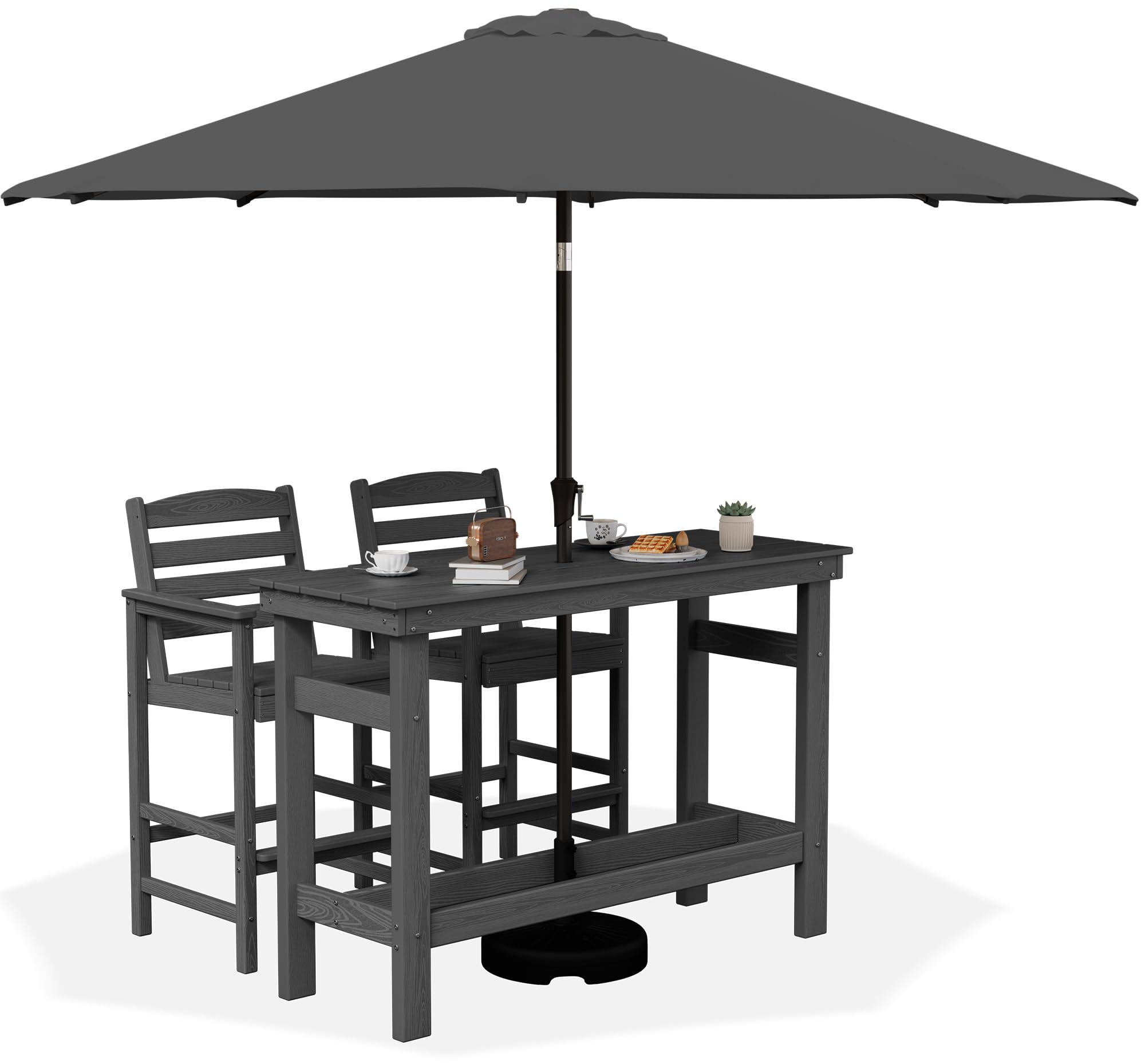 SERWALL Outdoor Bar Set with 9ft Umbrella, All-Weather HDPE Patio Bar Chairs and Table, Outdoor Furniture Set, Grey (Umbreall Ba