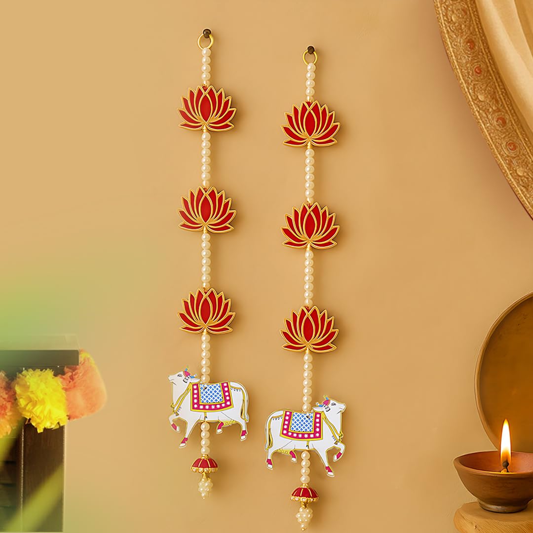 TIED RIBBONS Set of 2 Lotus with Cow Hangings for Navratri Decoration Home Decor Wall Door Mandir Pooja Room Office Birthday Wed