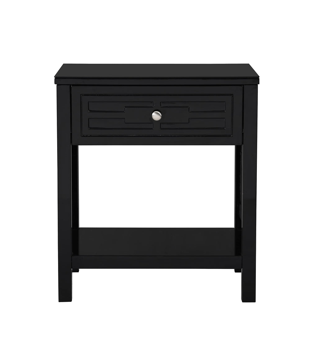 Lilola Home Dylan Black Wooden End Side Table Nightstand with Glass Top and Drawer