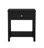 Lilola Home Dylan Black Wooden End Side Table Nightstand with Glass Top and Drawer