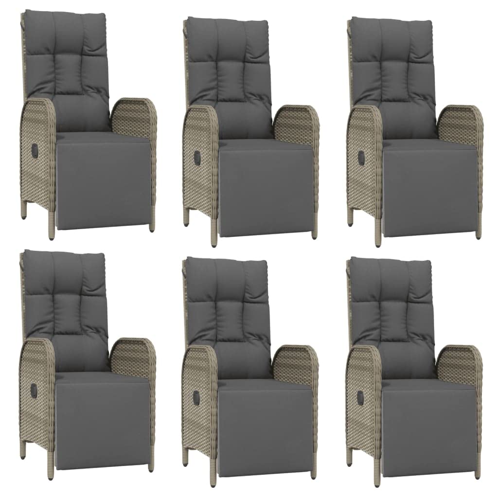 vidaXL 7-Piece Outdoor Patio Dining Set with Cushions – Weather-Resistant Gray Poly Rattan Construction – Reclining Function for Comfort – Sturdy Acacia Wood Tabletop – Sleek and Modern Lounge Set