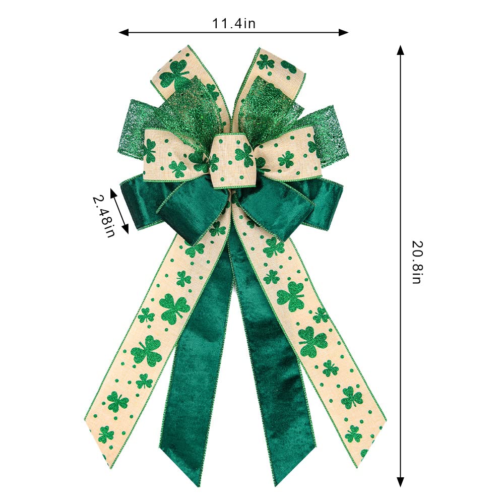 Large St. Patrick'S Day Wreath Bows, Green Glitter Bows For Wreath Shamrock Bows For Front Door, St. Patrick'S Day Ornaments Vel