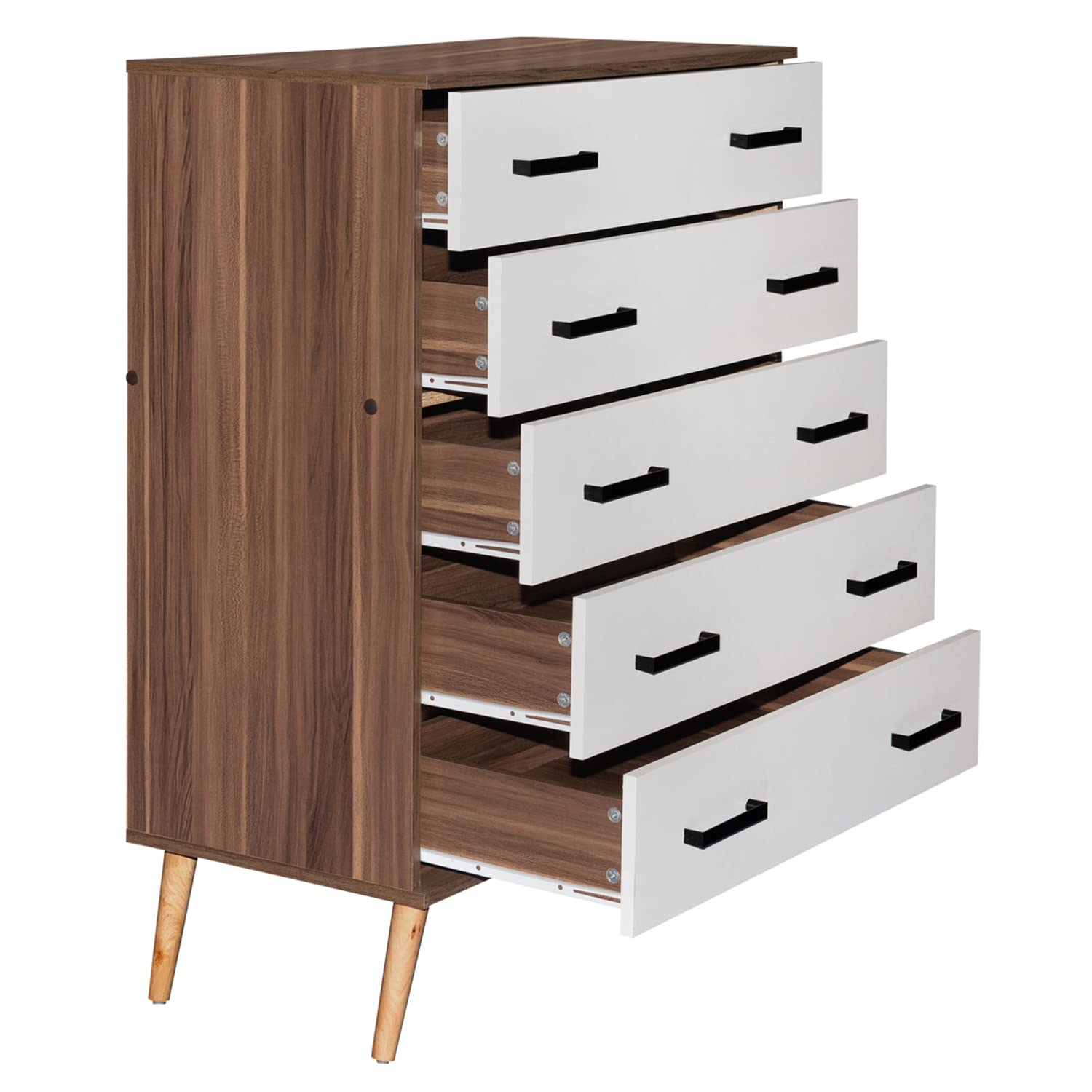 Better Home Products Eli Mid-Century Modern 5 Drawer Chest in Walnut & White