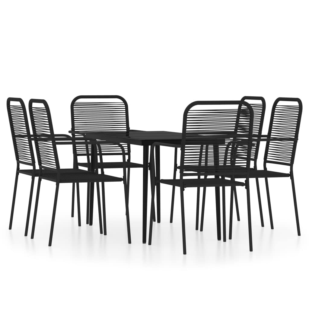 vidaXL Modern 7 Piece Black Patio Dining Set - Steel Frame with Twined Cotton Rope - Includes Table with Glass Top and Six Chairs