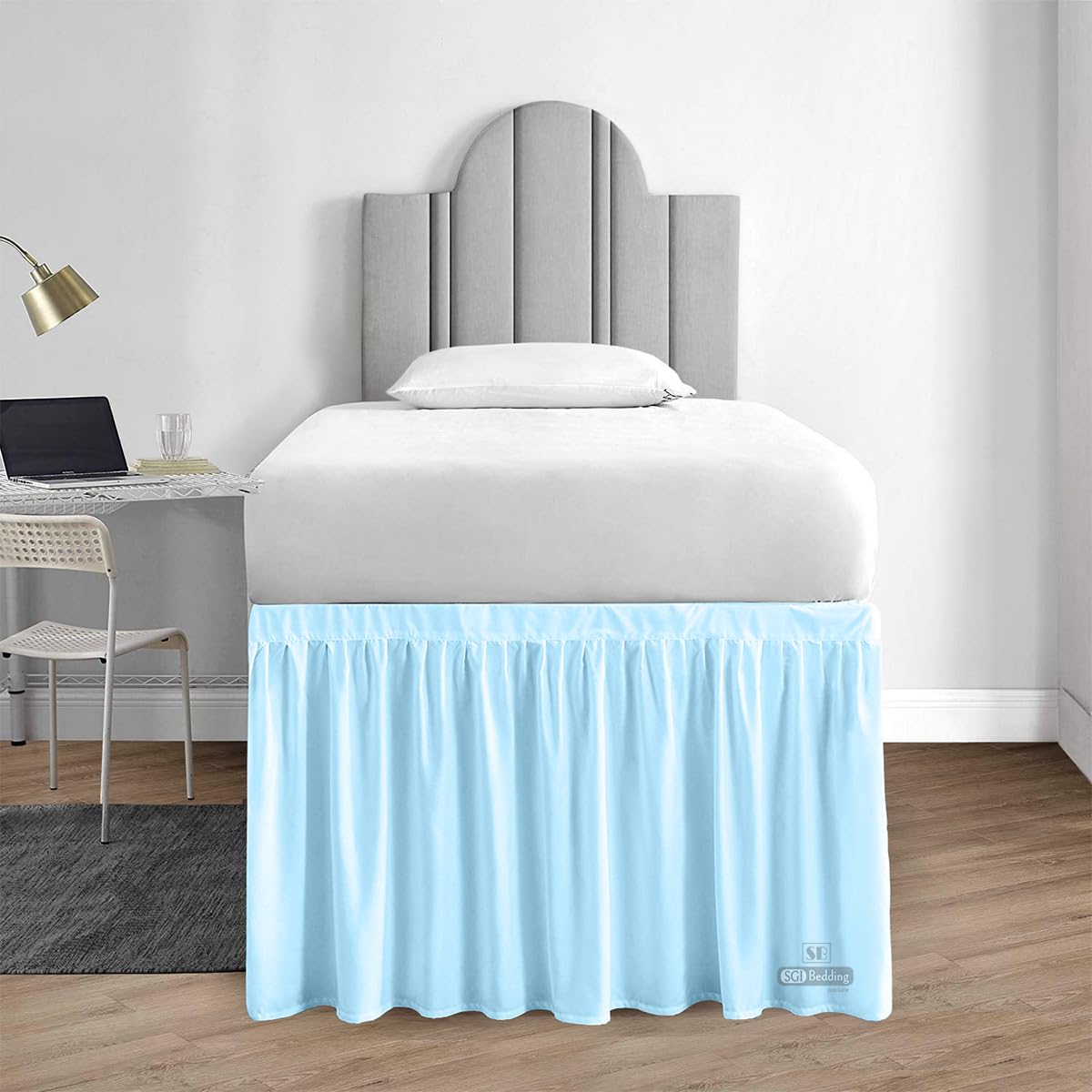 Sgi Bedding Dorm Bed Skirt Full Xl 32 Inch Drop Length - Light Blue, Ruffled Pattern College Dorm Room Bed Skirts - Split Corner