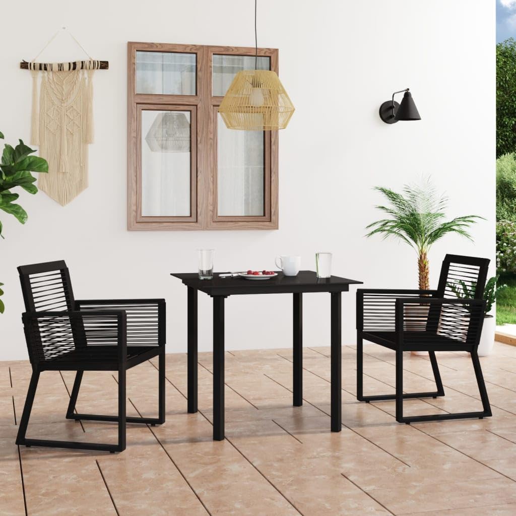 vidaXL Black 3 Piece Patio Dining Set - Weather Resistant PVC Rattan Furniture with Powder-Coated Steel Frame, Glass Top Table, and Two Armchairs
