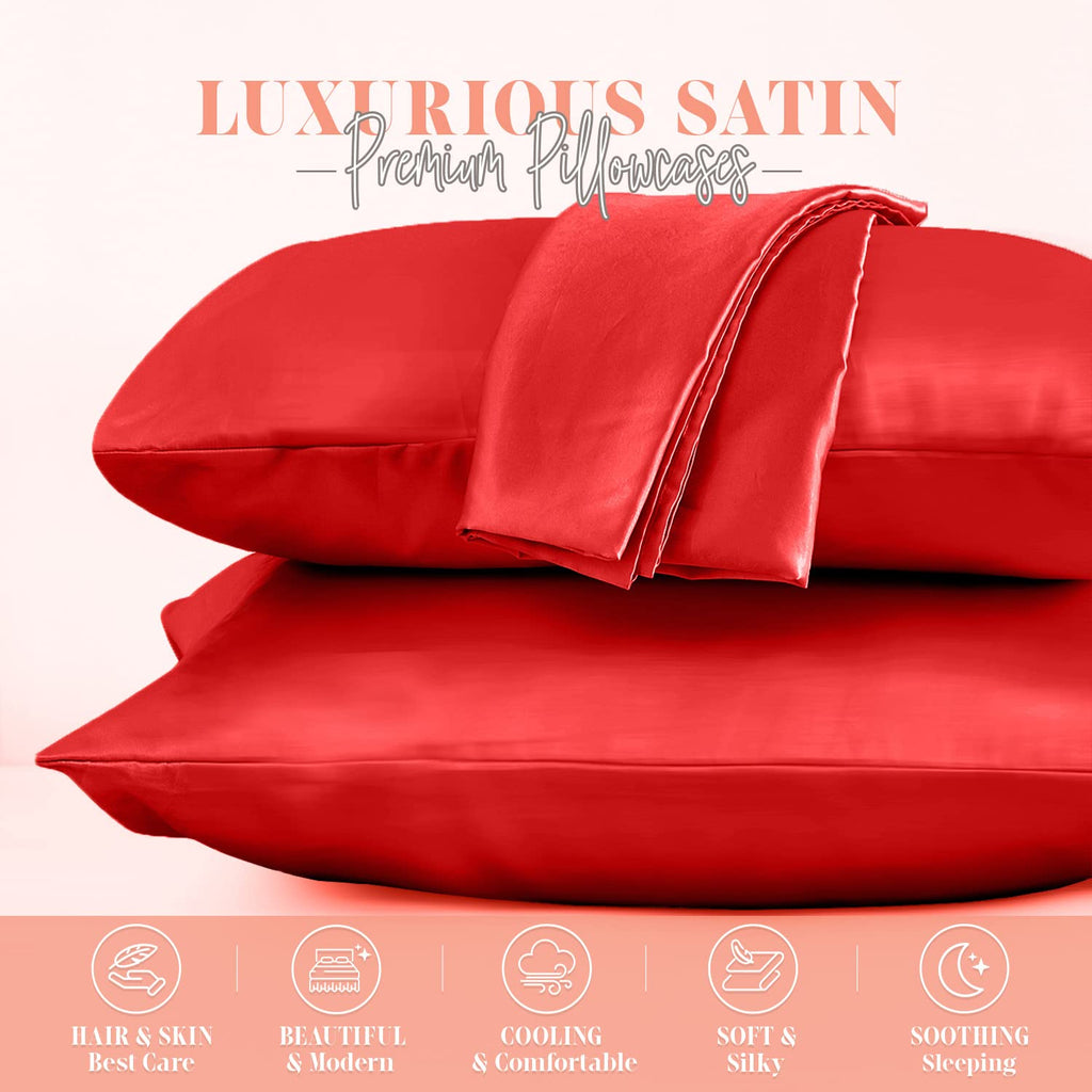 Elegant Comfort Silky And Luxurious 2-Piece Satin Pillowcase Set For Healthier Skin And Hair, Hidden Zipper Closure And Beautifully Packaged, Satin Pillowcase Set, King, Red