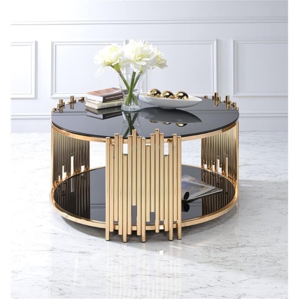 Acme Tanquin Modern Round Glass Top Coffee Table in Black and Gold